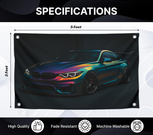 3x5 Feet Tuned Powerful Sports Cars Flag with Four Brass Grommets - Single Sided Wall Garage Tapestries for Mens - Polyester Cool Apartment Poster