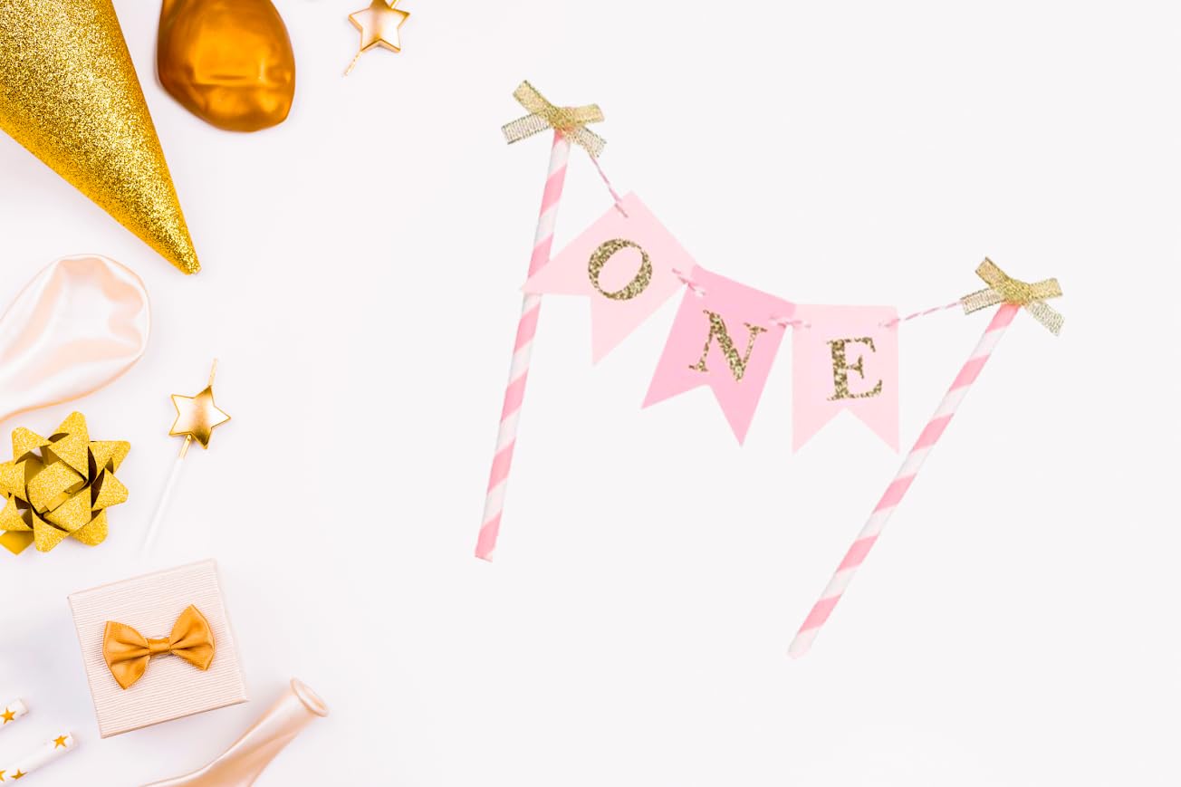 8x6 Inch Paper One Cake Topper for Baby Girls - Pink and Gold Cake Topper Banner for 1st Birthday - First Cake Topper or Paper Straw Cake Toppers