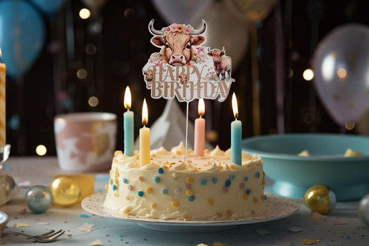 6.7x7.6 Inch Highland Cow Happy Birthday Cake Topper Paper - Highlands Cow Birthday Party Supplies - Brown Glitter Highland Cow