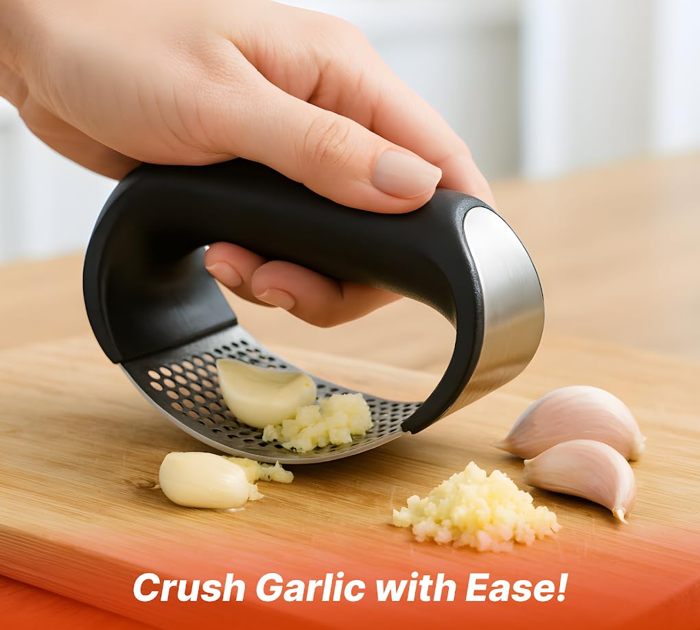 Very Durable Garlic Press - Curved Comfortable Handle Design - Garlics Mincer Crusher for People with Weak Grip or Small Hands