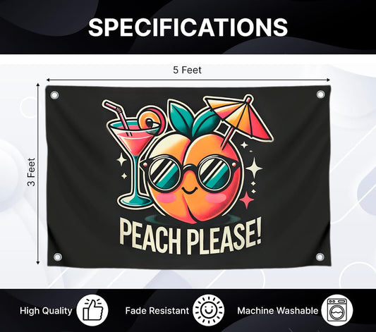 3x5 Feet Meme Flag Peach with Cocktail and Quote "Peach Please!" with Four Brass Grommets - Polyester College Dorm Banners for Wall Decoration