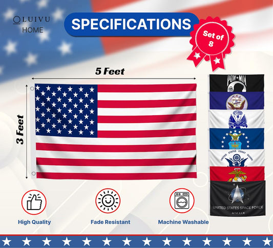 3x5 Feet Set of 8 American Military Flags with 2 Brass Grommets - Air Force Navy USA Coast Guard Marine Corps Army Space Force Veteran Banner Flag