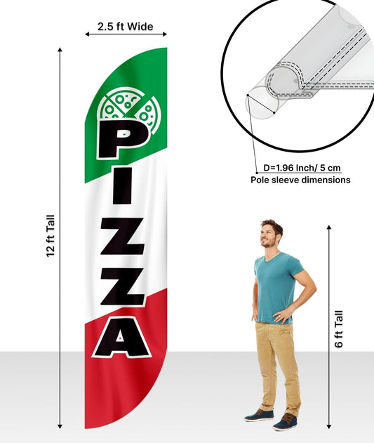 12x2.5 Feet Tall Feather Flags "Pizza" - Single Sided Food Themed Feather Banners - Tall Italy Advertising Flag for Outdoor Garden - Pizza Flags