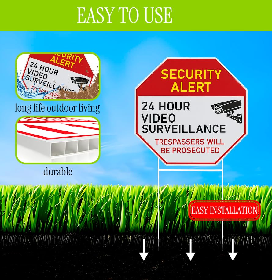 Set of 3 Double Sided 13x13 Inches Plastic 24 Hour Surveillance Signs with Metal H-Stakes - No Intrusion Sign Private Property