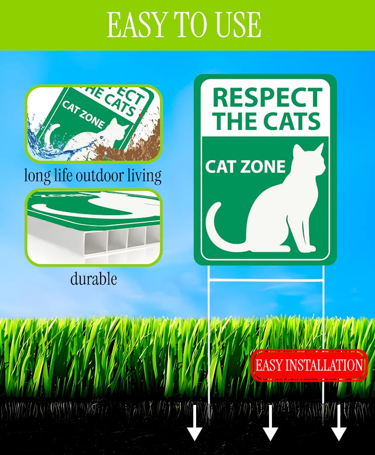 Set of 3 Double Sided 12x16 Inches Respect The Cat Sign with Metal Wire H-Stakes - Plastic Street Cat Zone Animals Sign for Garden or Yard