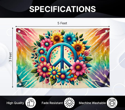 3x5 Feet Multicolored Peace Single Sided Flag with 4 Brass Grommets - Rainbow Flowers Polyester Banner for Wall Decoration - World Peace Sign Symbol