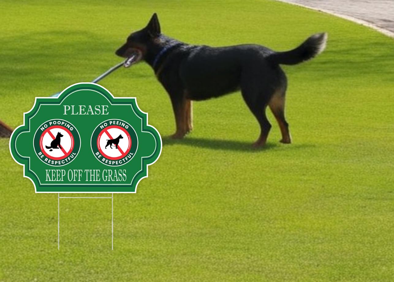 Pack of 3 No Peeing and No Pooping Dog Sign.12x8 inch Double Plastic Sided Please Be Respectful Keep Off The Grass Yard Signs with Metal Wire H-Stakes