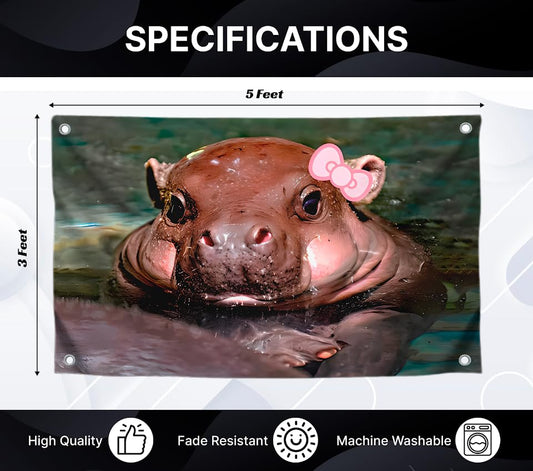 3x5 Feet Cute Baby Hippopotamus Flag with Four Brass Grommets - Single Sided Cool Small Animal Posters for Room Teen Girls - Polyester Huge Wall