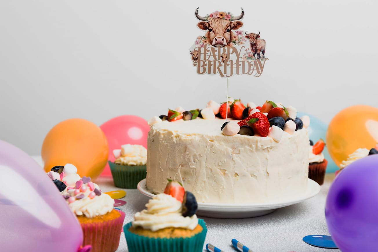 6.7x7.6 Inch Highland Cow Happy Birthday Cake Topper Paper - Highlands Cow Birthday Party Supplies - Brown Glitter Highland Cow
