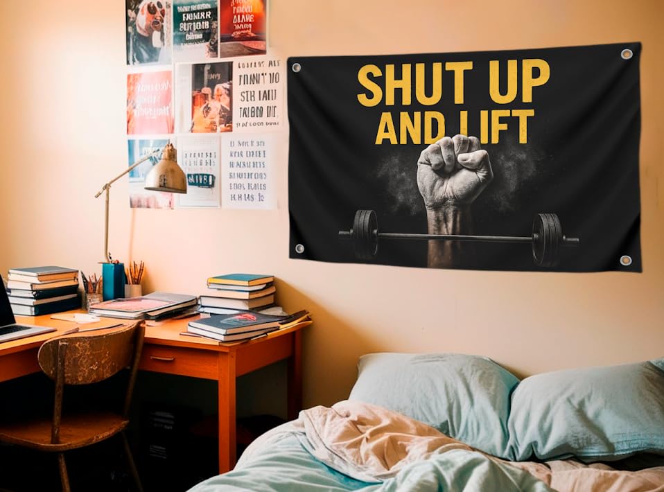 3x5 Feet Gym Flag with Motivated Quote ''Shut Up And Lift''- Mens Cool Poster Polyester On The Wall with Four Brass Grommets - Single Sided Huge