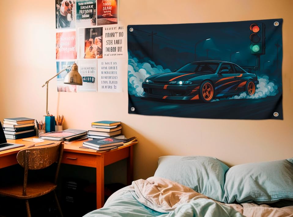 Cool Flag 3x5 Feet Sports Car "Street Drift in Lights of Night City" - Single Sided Polyester Tapestry with Four Brass Grommets. Wall Flags Decoration
