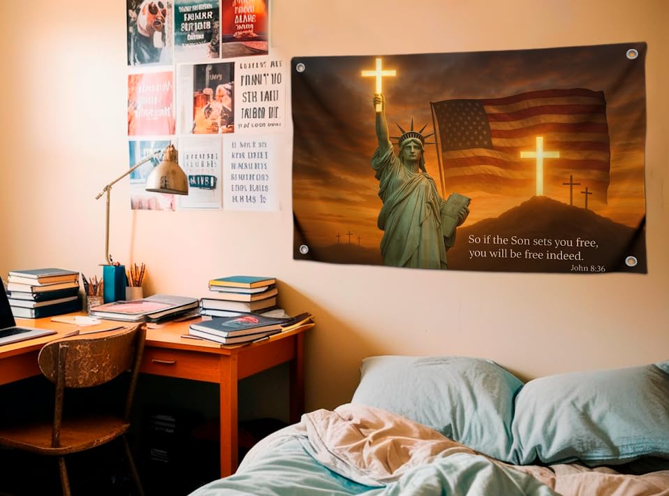 3x5 Feet Statue Liberty Flag with Quote - "So If the Son Sets You Free You Will Be Free Indeed" with 4 Brass Grommets - Polyester Flags for Room