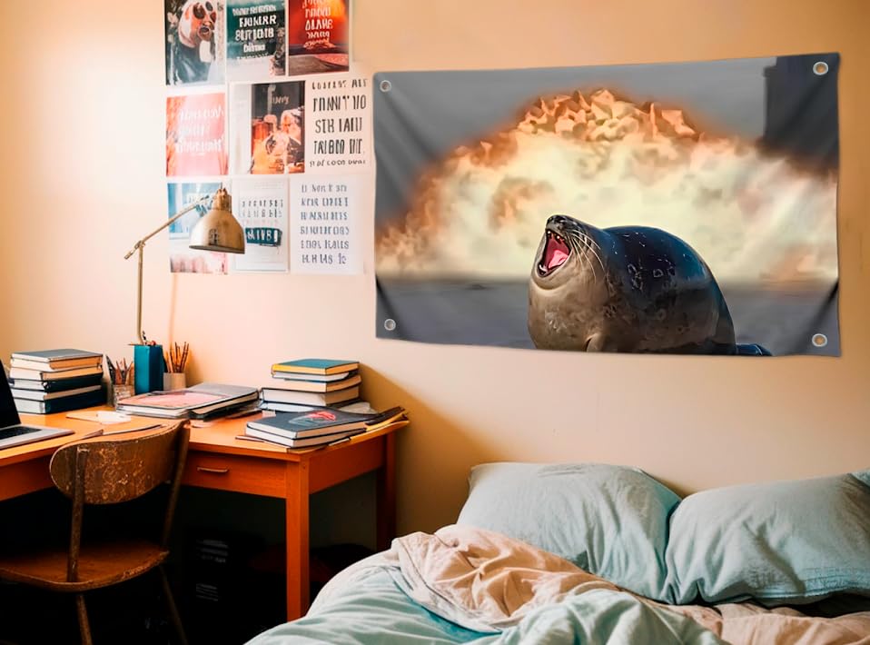 3x5 Feet Seal and Fire Meme Flag with Four Brass Grommets - Polyester College Dorm Banners for Living Room - Single Sided Tapestry Wall Flags