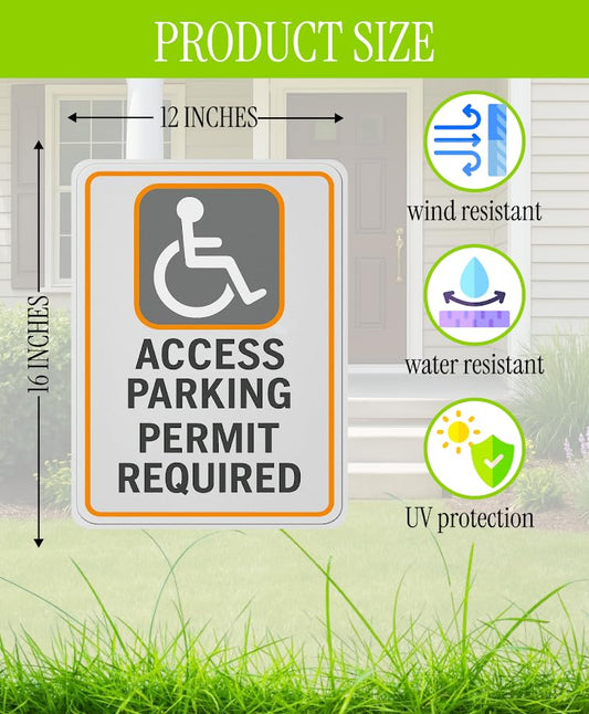 Set of 3 Double Sided 12x16 Inches Access Parking Permit Required Sign with Metal Wire H-Stakes - No Parking Road Traffic Signs for Garden Decoration
