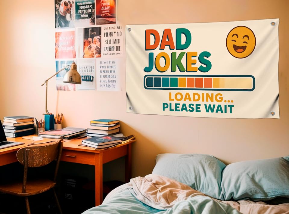 3x5 Feet Funny Wall Flag with Quote ''Dad Jokes Loading Please Wait'' with Four Brass Grommets - Single Sided Humor Flag for Bedroom Mans