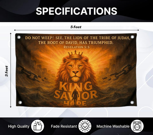 3x5 Ft Lion of Flag with Quote - "Do Not Weep See The Lion Of The Tribe" with 4 Brass Grommets - Polyester Decor for Church and Home