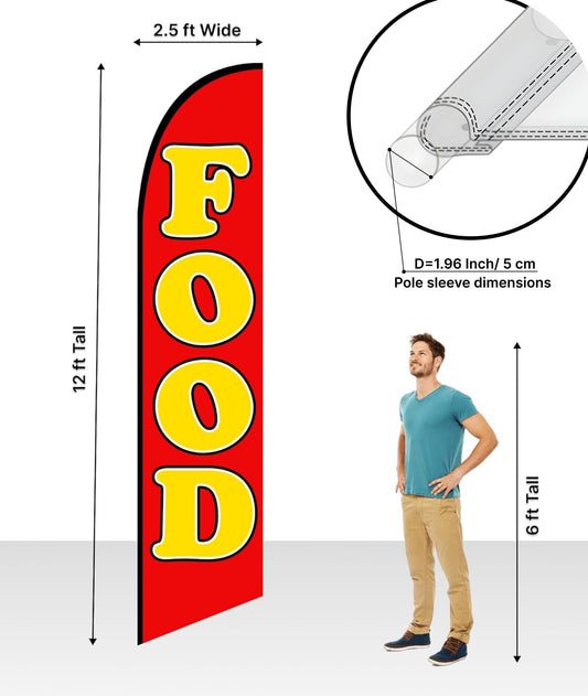 12x2.5 Feet Tall Feather Flags "Food" - Feather Flag Decorations for Business Advertising - Polyester Flag Banner for Storefronts - Special Tapestry