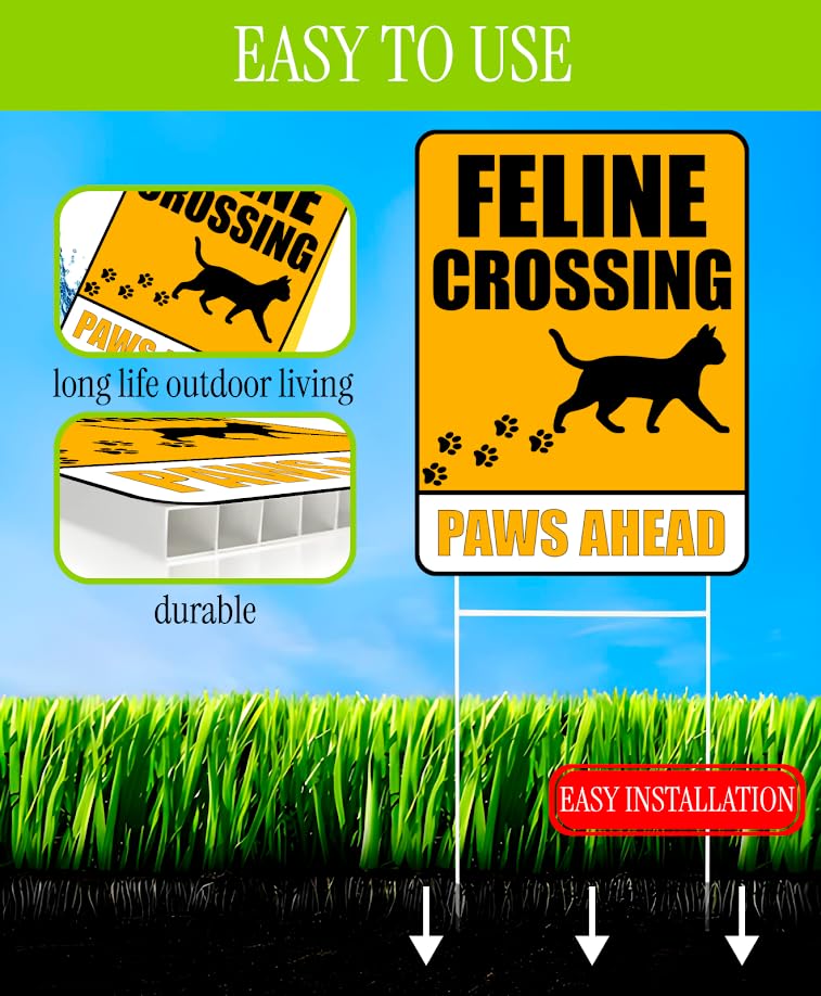Set of 3 Double Sided 12x16 Inches Feline Crossing Paws Ahead Sign with Metal Wire H-Stakes - Pets At Play Safety Signs for Street or Garden