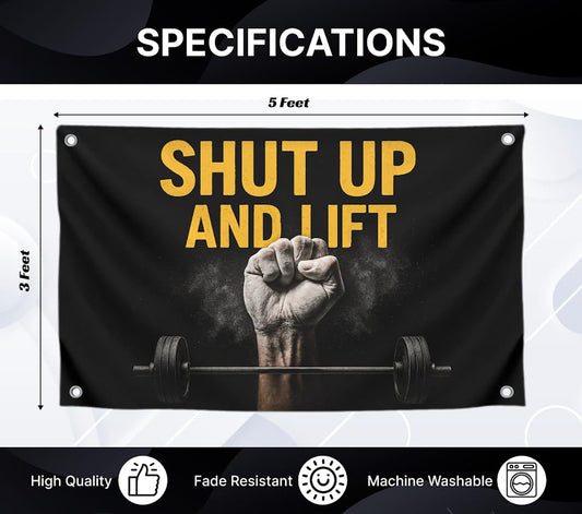 3x5 Feet Gym Flag with Motivated Quote ''Shut Up And Lift''- Mens Cool Poster Polyester On The Wall with Four Brass Grommets - Single Sided Huge