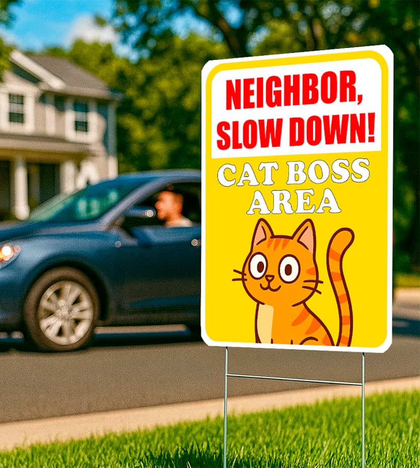 Set of 3 Double Sided 12x16 Inches Neighbor Slow Down Sign with Metal Wire H-Stakes - Cat Boss Area Plastic Garden Sign
