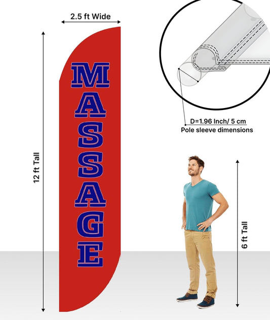12x2.5 Feet Red Tall Feather Polyester Flags "Massage" - Tall Advertising Flags for Outdoor Business and Events Promotion - Single Sided Feathers