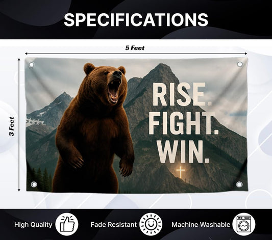 3x5 Feet Motivation Flag with Big Bear and Quote ''Rise. Fight. Win.'' for Gym Room Guys with Four Brass Grommets - Single Sided Animal Meme Tapestry