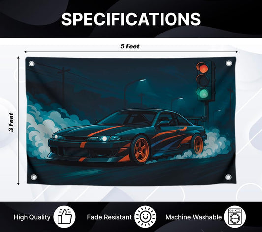 Cool Flag 3x5 Feet Sports Car "Street Drift in Lights of Night City" - Single Sided Polyester Tapestry with Four Brass Grommets. Wall Flags Decoration