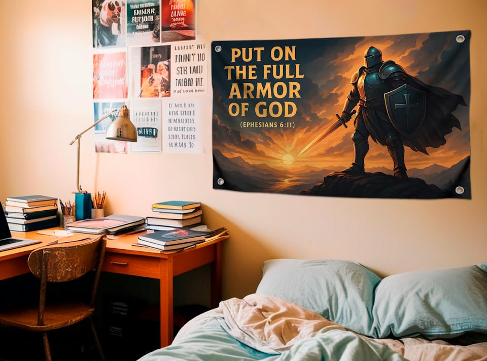 3x5 Feet Flags with Quote "Put on the Full Armor" with Four Brass Grommets - Single Sided Easter Decorations Poster - Polyester Funny Tapestry