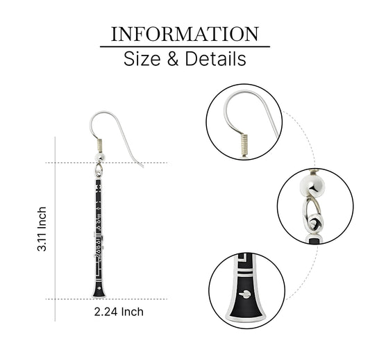 3.11x2.24x0.67 Inch Black Clarinet Earring Harmony Jewelry - Music Jewelry Gift for Women or Mother - Fashion Jewelry Earring for Womens or Mans