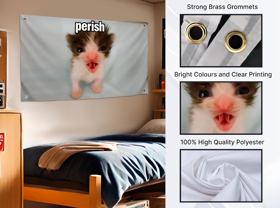 3x5 Feet Funny Single Sided Kittens Flags with Quote ''Perish'' - Cool Meme Poster Polyester for Room Teens - Animals Banners for Cat