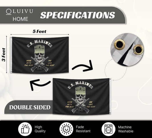 3x5 Feet US Marines Flag with Quote "Mess with The Best Die Like The Rest" and Two Brass Grommets - Double Sided Polyester Flag for Wall Decoration