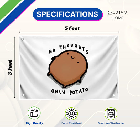 3x5 Feet Potato Meme Flag with Quote No Thoughts Only Potato with Four Brass Grommets.Single Sided Polyester Funny Banner for Wall Bedroom Decoration