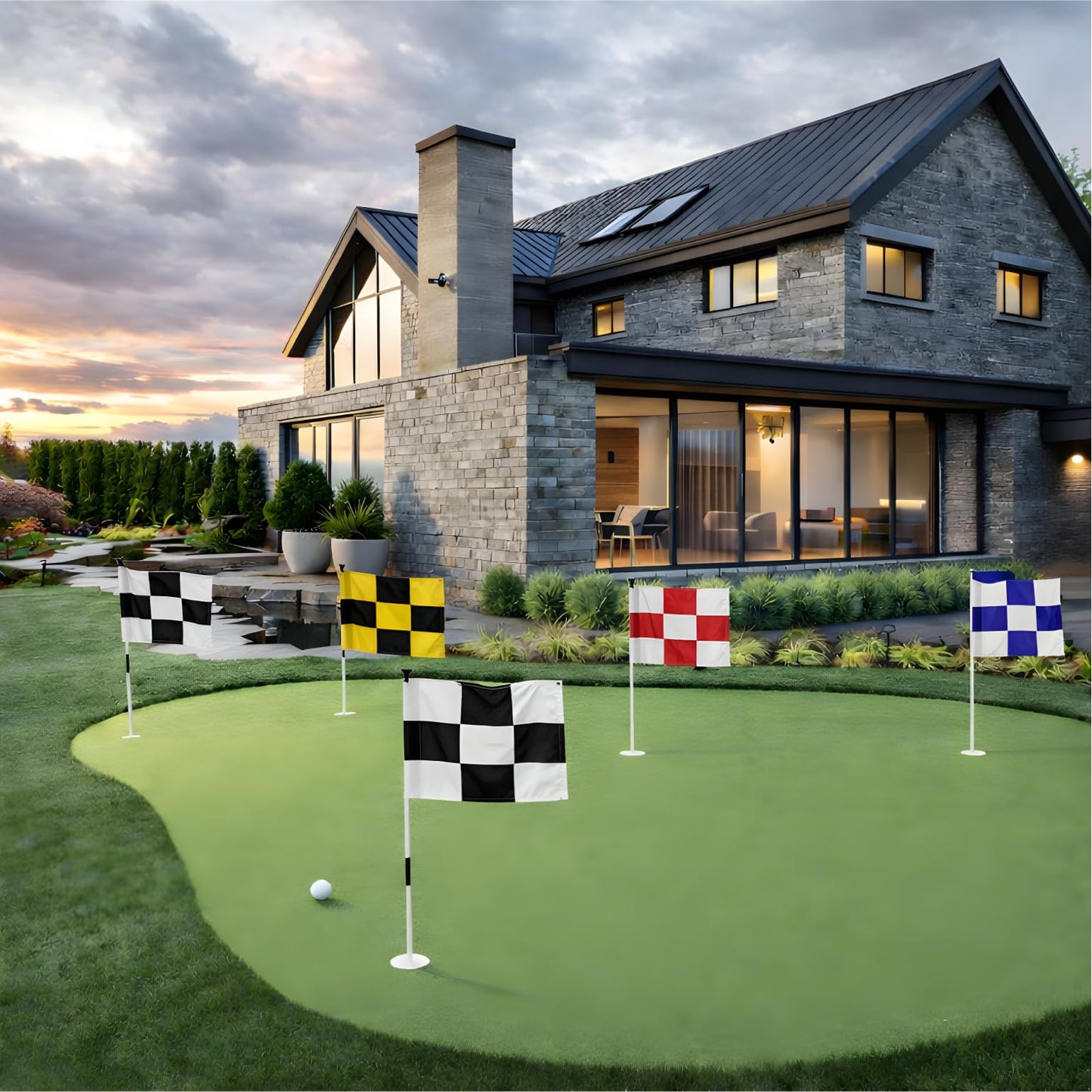 Set of 4 Double Sided 8x6 Inches Checkered Golf Polyester Flag - Mini Practice Putting Green Flags for Yard in 420D Nylon - Small Banner Checkered