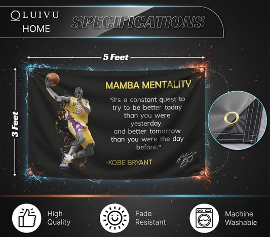 3x5 Feet NBA Basketball Player Sports Flag with Four Brass Grommets - Kobe Mamba Mentality Quote Banner - Motivational Artwork for Home or Office