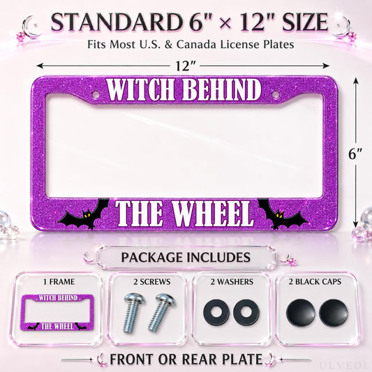 6x12 in Witch Behind The Wheel License Plate Frame – Pink Glitter