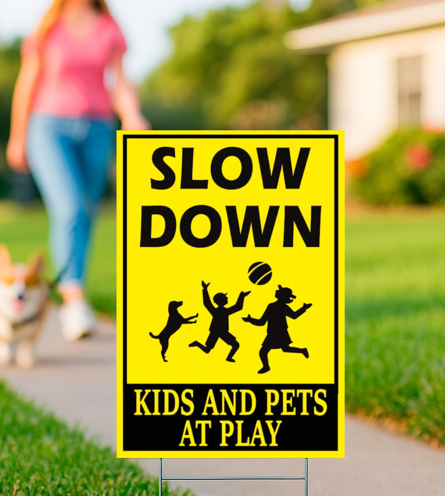 ULVEOL Plastic 12x16 Inches Double Sided Slow Down Kids & Pets At Play Signs - Set of 3 with Metal Wire H-Stakes - Vibrant Yellow Lawn Signs