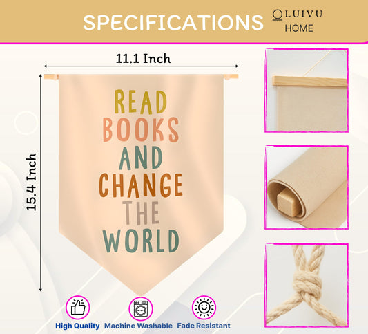 15.4"L x 11.1"W Hanging Pennant with Read Books And Change The World - Pennants Flag Wall Art Banner for Indoor or Outdoor