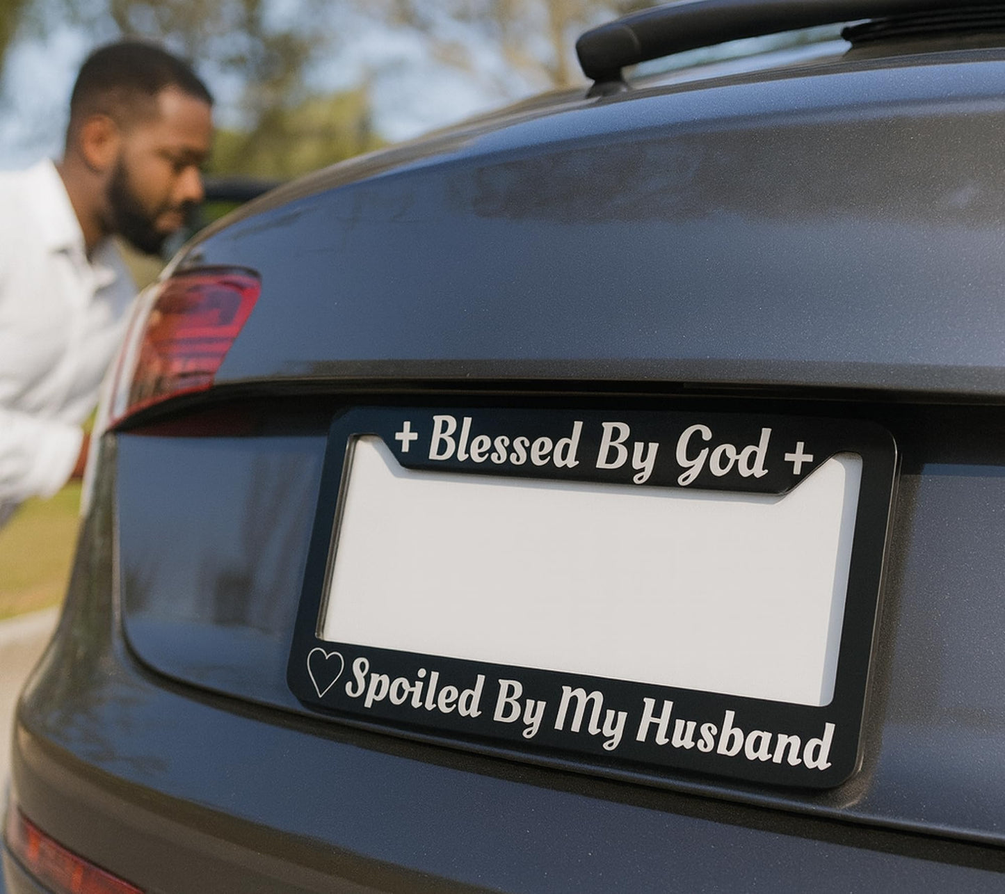 Personalized Car License Plate Frame for US Standard Frame Blessed by God Spoiled by My Husband - Black Metal Plate Frame 6x12.25 inch