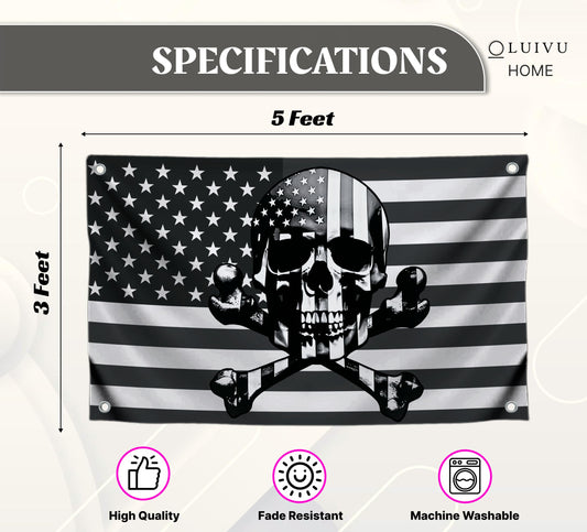 3x5 Ft American Skull Polyester Flags with 4 Brass Grommets - Pirate USA Flag or US Black Boat Single Sided Flags or Banners Man Cave Skull Bones Fun