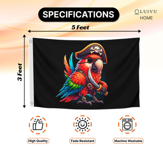 3x5 Ft Pirate Parrot Polyester Flag with 2 Grommets - Garden Yard Porch Patio Banner for Decor - Pirate Parrot Single Sided Flag or Black Boat Flags