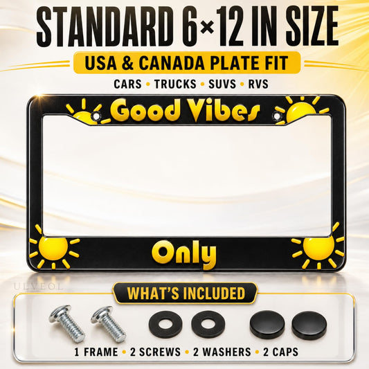 6x12 in Good Vibes Only Sunshine License Plate Frame – Black & Yellow