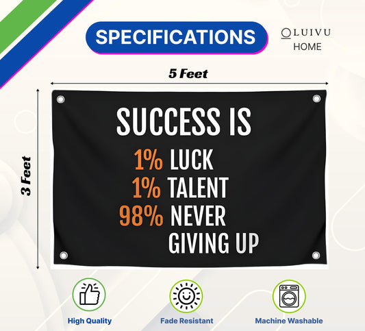 3x5 Feet Motivation Single Sided Flags with Quote "Success Is 1% Luck, 1% Talent, 98% Never Giving Up" with 4 Brass Grommets - Inspirational Wall