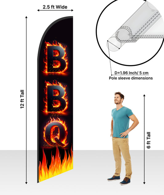 12x2.5 Feet Tall Feather Single Sided Flags "BBQ" - Barbeque Swooper Advertising Flag for Outside - Special and BBQ Themed Flag