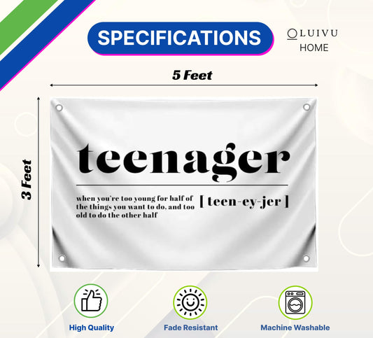 3x5 Feet Meme Flag with Quote "Teenager" with Four Brass Grommets - Polyester Banner for Decor Student Bedroom.Funny Wall Flags for Decoration College