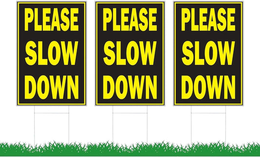 3X Double Sided 8x12 Please Slow Down Sign for Playing Kids in the Street - Traffic Plastic Signs with Stakes
