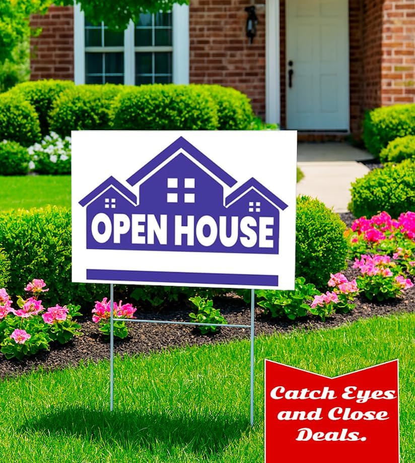 Set of 3 Double Sided 12x16 Inches Plastic Open House Signs with Metal H-Stakes