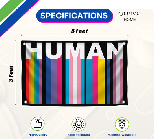 3x5 Feet LGBT Multicolor Human Flag with Four Brass Grommets - Polyester Decoration for Student Girls Bedroom - Human Colorfull Banner for Wall