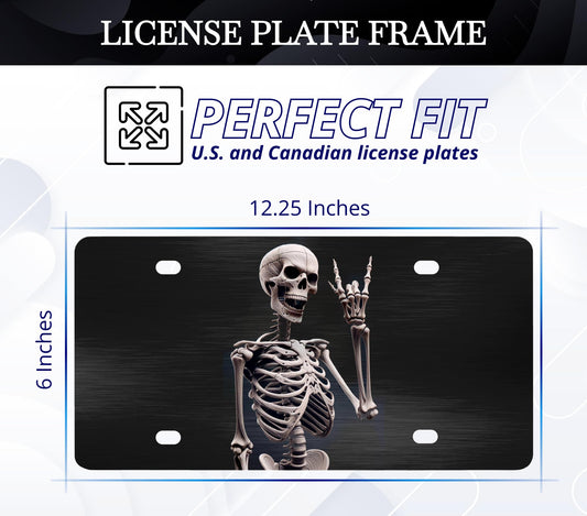 Personalized Human Skeleton Black License Plate Frame. Funny Halloween Skull Front License Plate Frames Designs with 4 Standard Slotted Mounting Holes