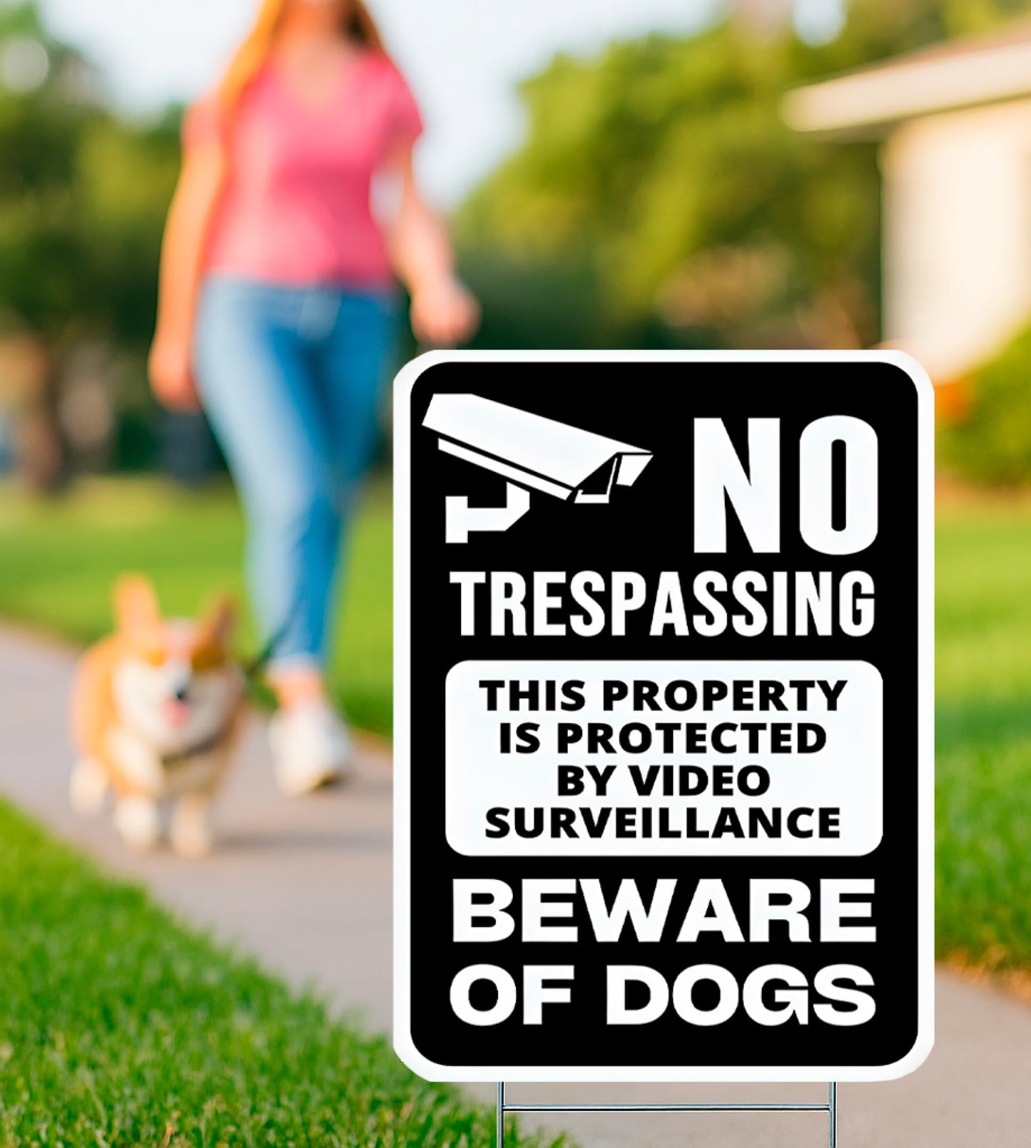 ULVEOL Set of 3 Double Sided 12x8 Inches Beware of Dog Plastic Sign with Metal Stakes. No Trespassing This Property Is Protected By Video Surveillance