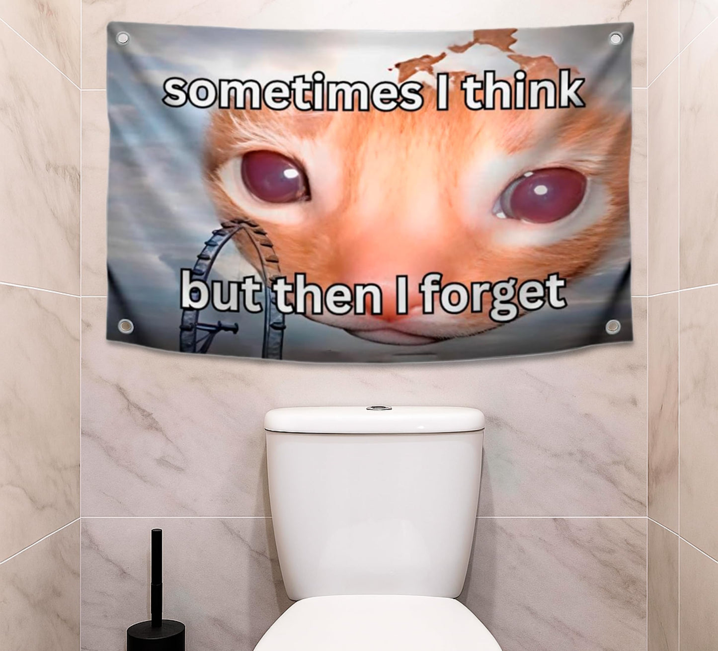 3x5 Feet Cats Meme Flag with Quote "Sometimes I Think But Then I Forget" with Four Brass Grommets - Polyester College Dorm Banner for Room Decoration